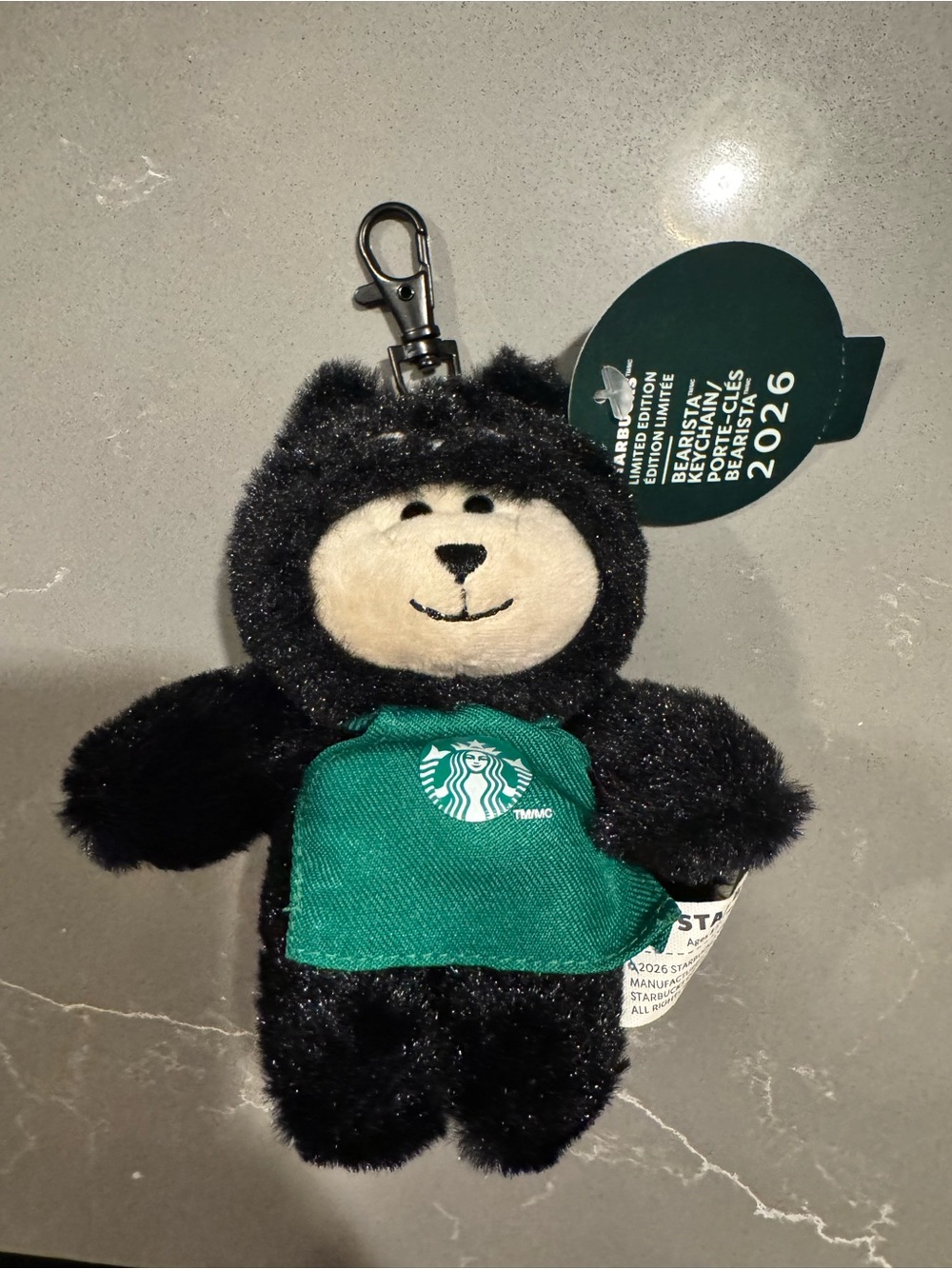 Starbucks Black Plush black cat Bearista Keychain with Green Logo Apron